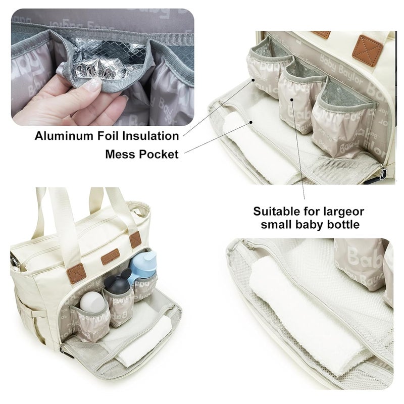 FHELAD Tote Diaper Bags, Baby Diaper Handbag with 15.6 Inch Laptop Compartment, Travel Diaper Bag with Insulated Pocket Ideal for Baby Registry (Beige) - Image 4
